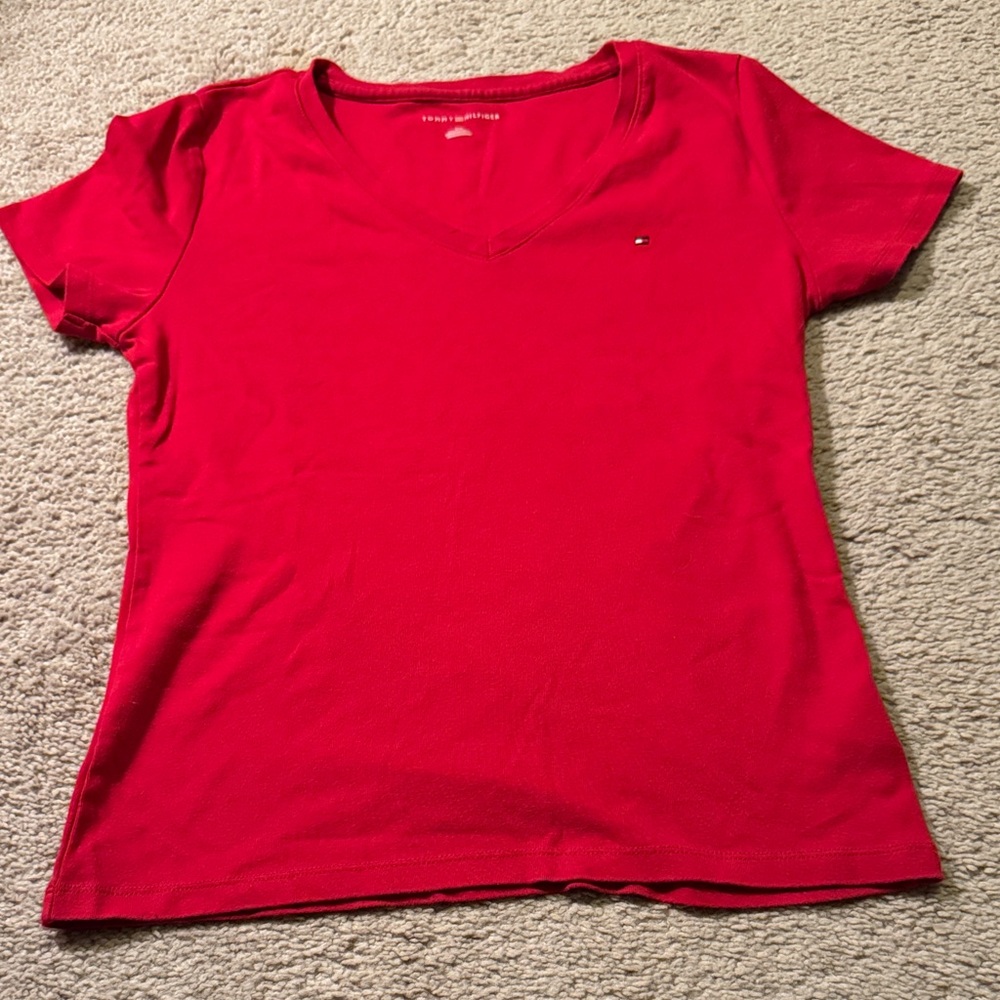 Tommy Hilfiger Women's Bright Red V-Neck Tee